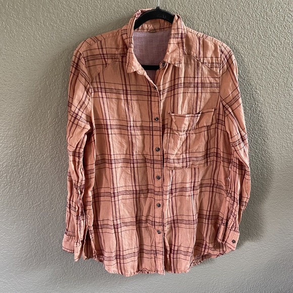 Free People 100% Linen No Limits Peach Plaid Button Down Shirt oversized Small - Picture 4 of 12